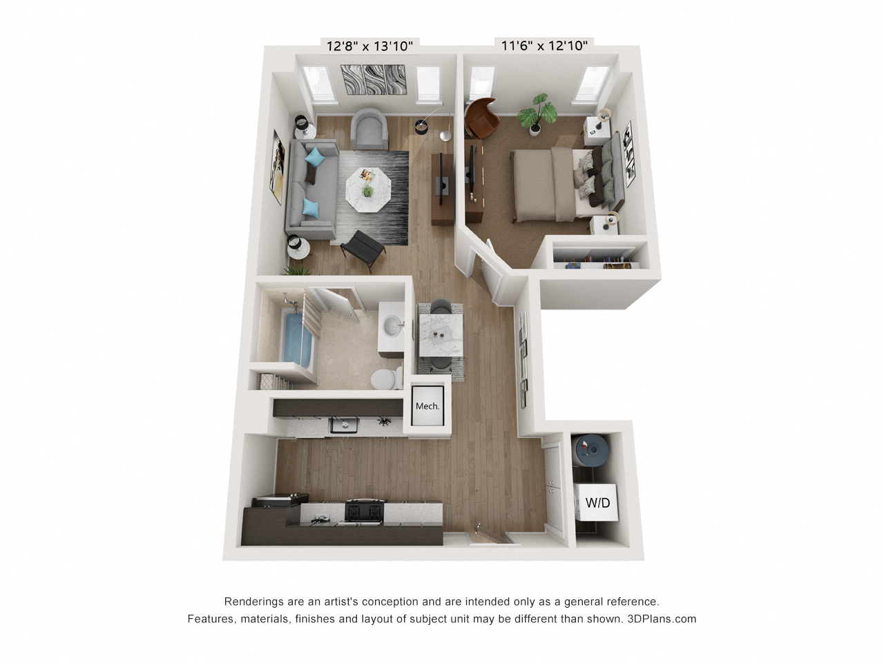 Floor plan for 1 bed, 1 bath, 706 sqft